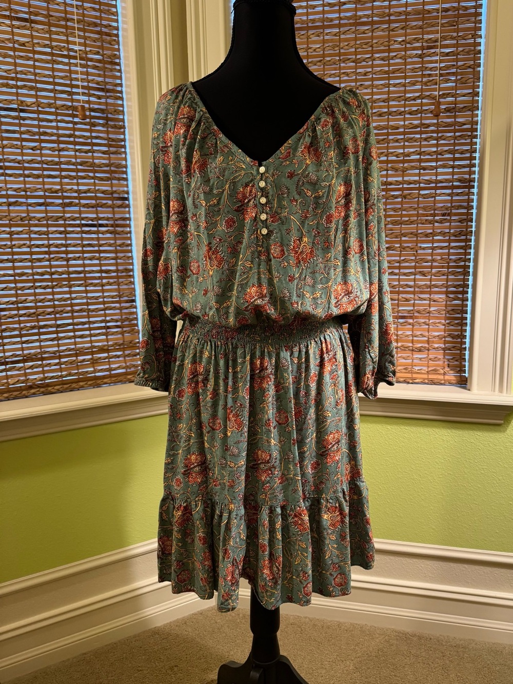 American Living Sage Floral Long-Sleeve Smocked Waist Dress